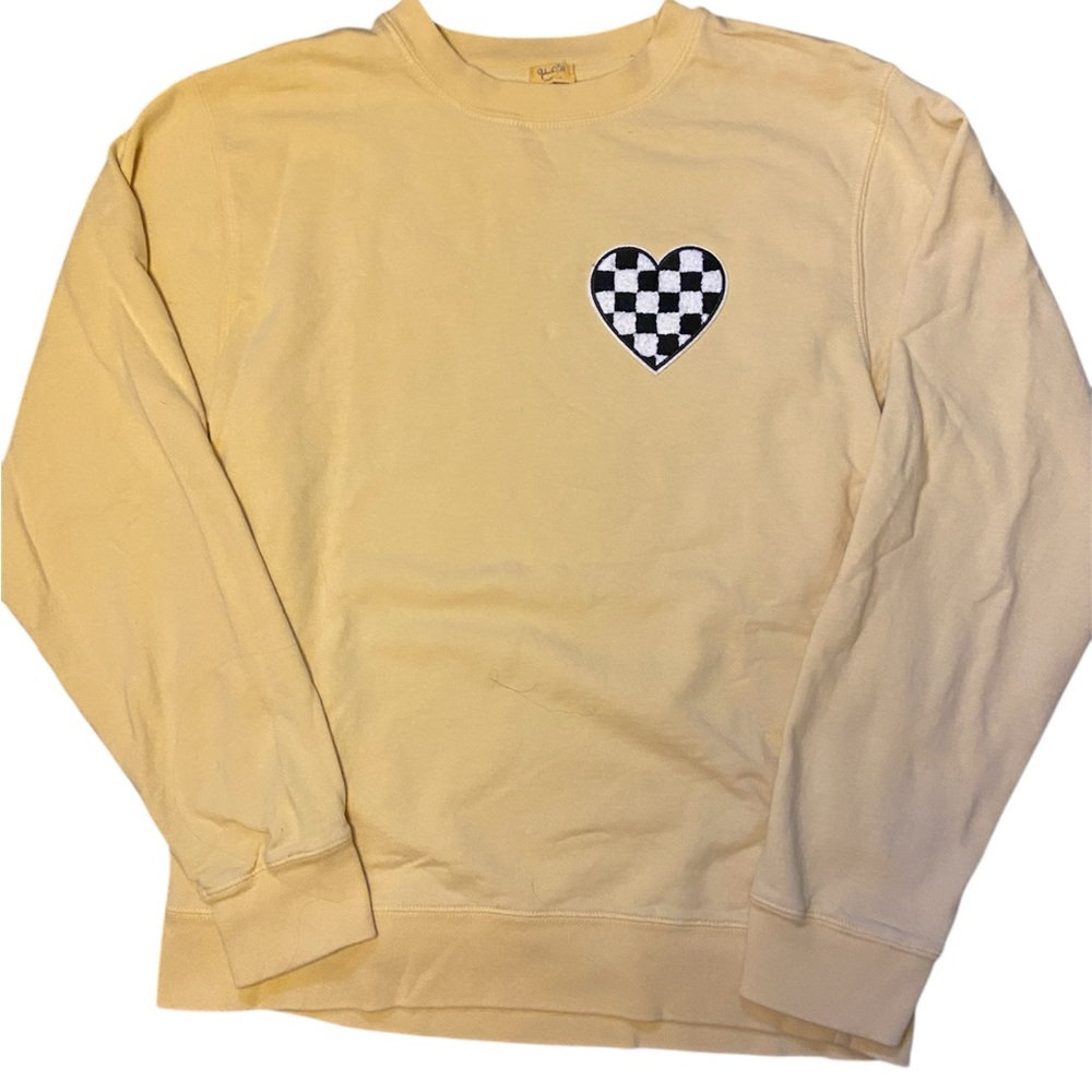Butter Yellow Checkered Heart Patch Crew Neck Sweater